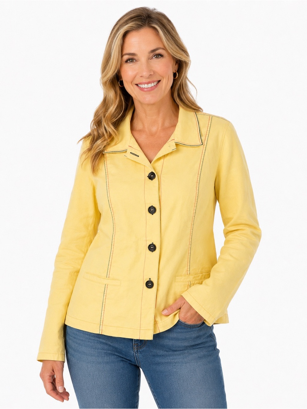 Koret Yellow Button-Front Blazer Jacket with Contrast Topstitching